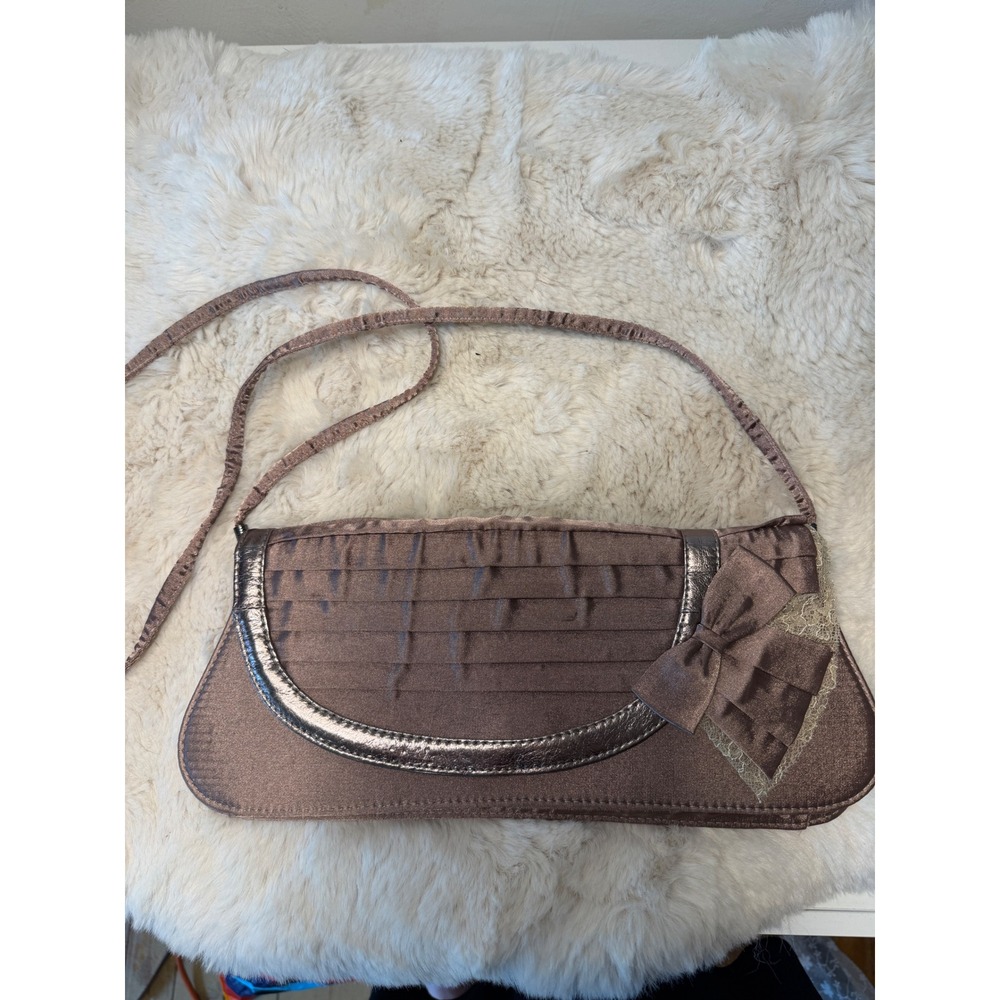 J. Renee Vintage 90s Metallic Bronze Pleated Satin Bow Evening Clutch Bag